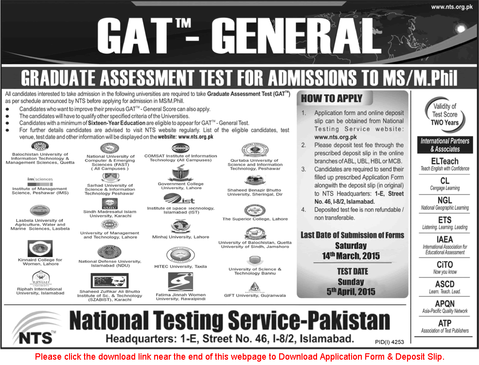 NTS GAT General Test Schedule 2015 February / March MS / M. Phil Admissions in Pakistan, The